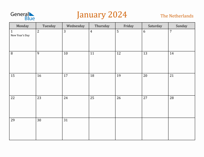 January 2024 Holiday Calendar with Monday Start