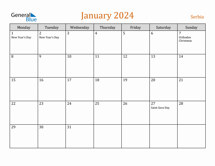 January 2024 Holiday Calendar with Monday Start