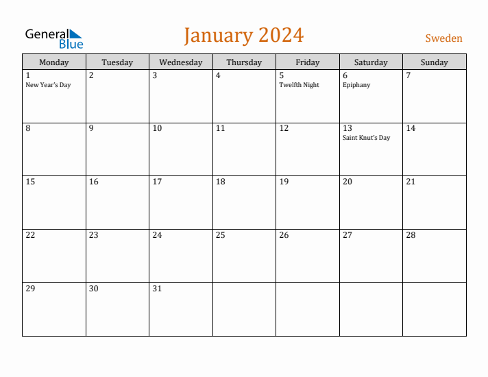 January 2024 Holiday Calendar with Monday Start