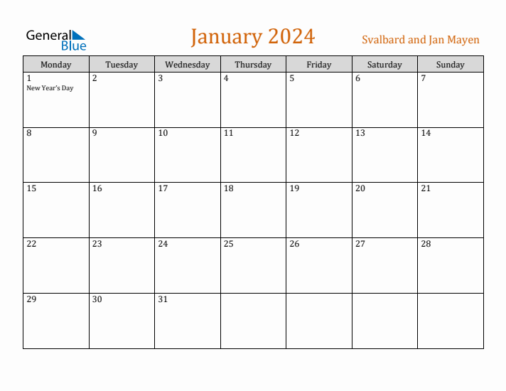 January 2024 Holiday Calendar with Monday Start