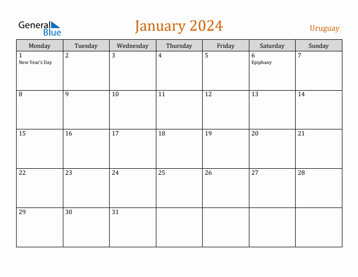 January 2024 Holiday Calendar with Monday Start