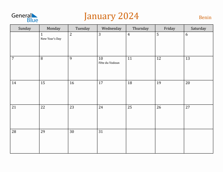 January 2024 Holiday Calendar with Sunday Start