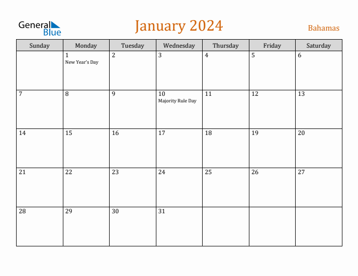 January 2024 Holiday Calendar with Sunday Start