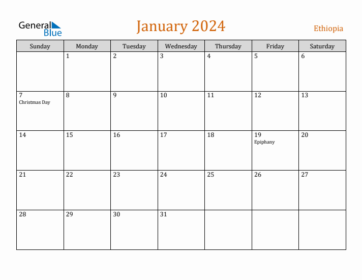 January 2024 Holiday Calendar with Sunday Start