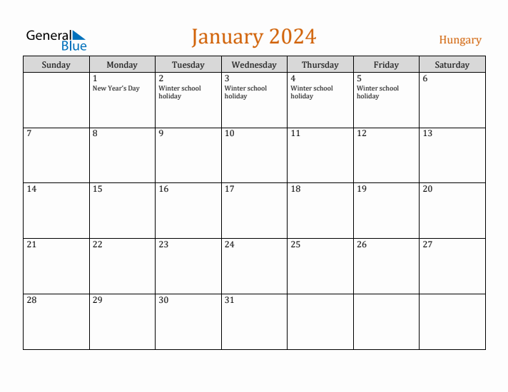 January 2024 Holiday Calendar with Sunday Start