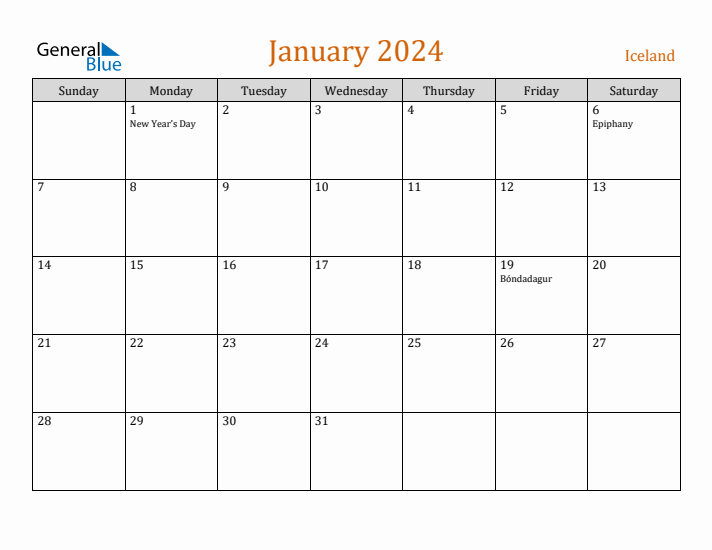 January 2024 Holiday Calendar with Sunday Start