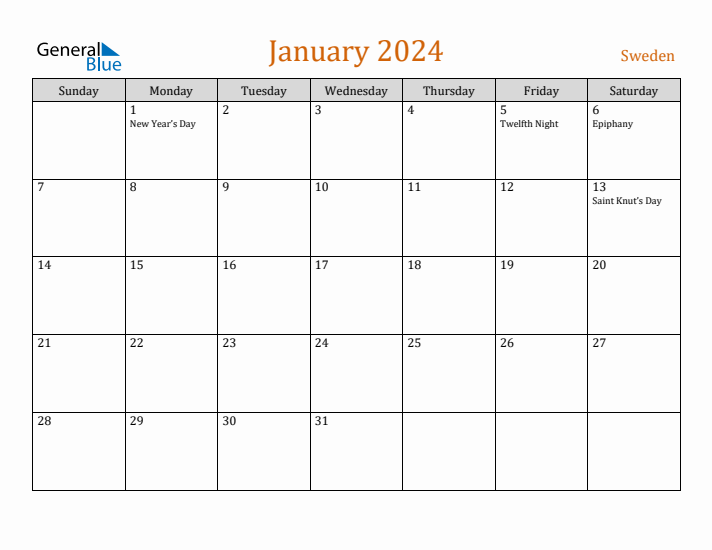 January 2024 Holiday Calendar with Sunday Start