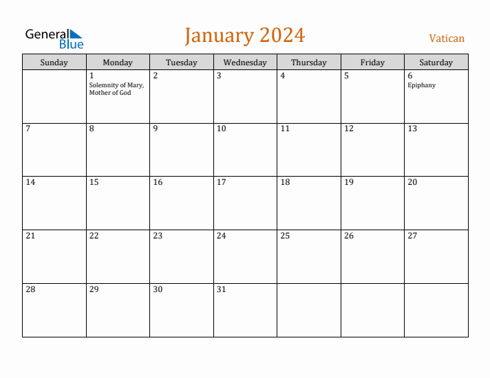 January 2024 Holiday Calendar with Sunday Start