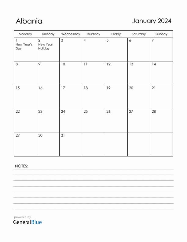 January 2024 Albania Calendar with Holidays (Monday Start)