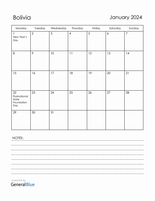 January 2024 Bolivia Calendar with Holidays (Monday Start)