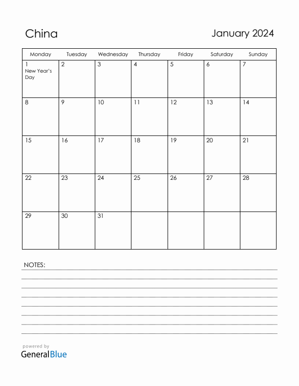January 2024 China Calendar with Holidays (Monday Start)
