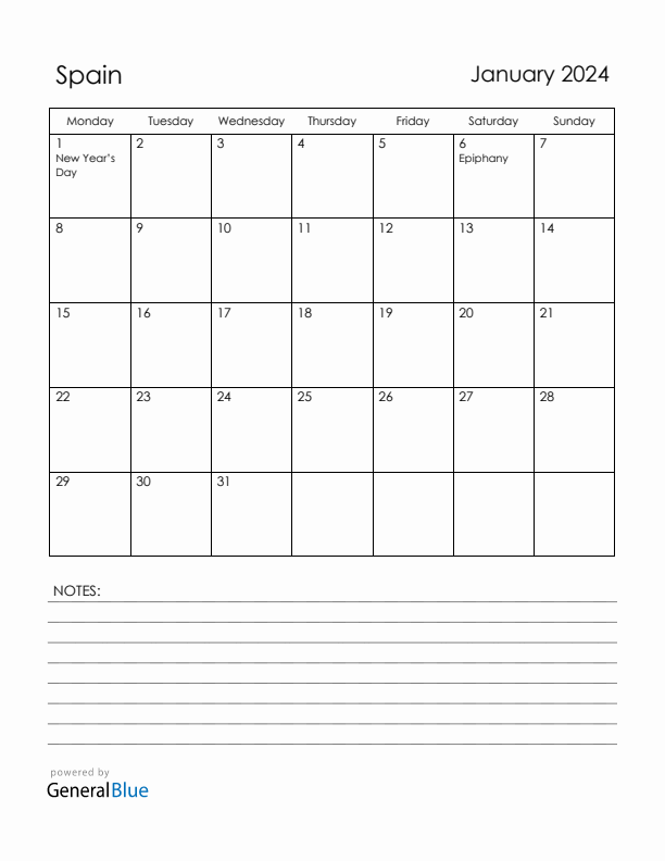 January 2024 Spain Calendar with Holidays (Monday Start)