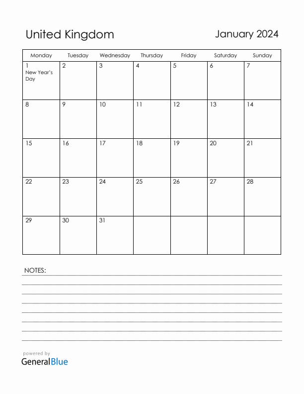 January 2024 United Kingdom Calendar with Holidays (Monday Start)