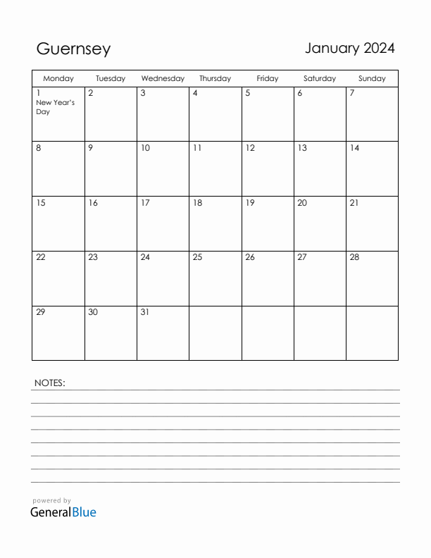 January 2024 Guernsey Calendar with Holidays (Monday Start)