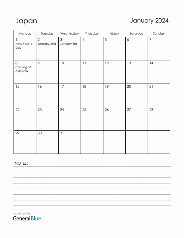 January 2024 Japan Calendar with Holidays (Monday Start)