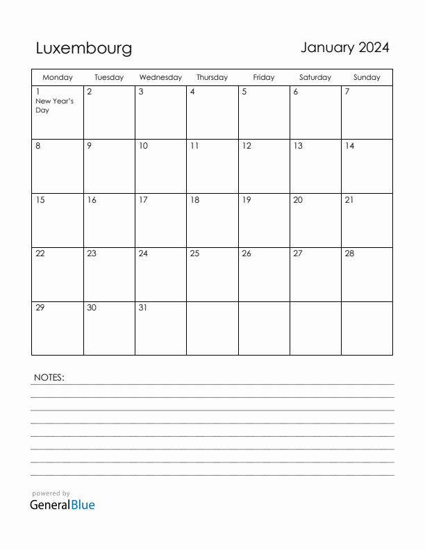 January 2024 Luxembourg Calendar with Holidays (Monday Start)