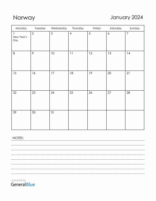 January 2024 Norway Calendar with Holidays (Monday Start)