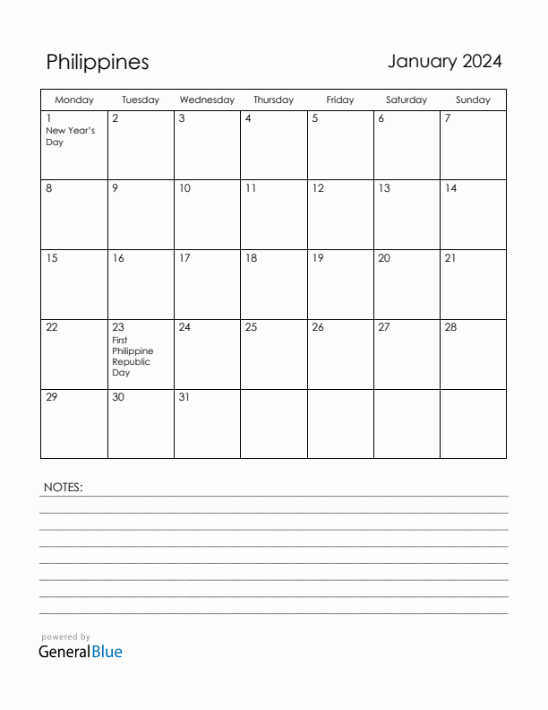 January 2024 Philippines Calendar with Holidays (Monday Start)