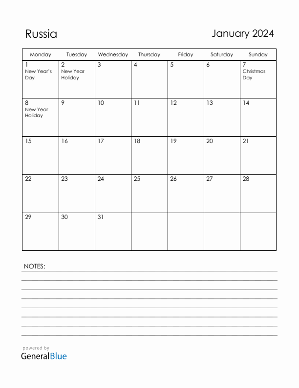 January 2024 Russia Calendar with Holidays (Monday Start)