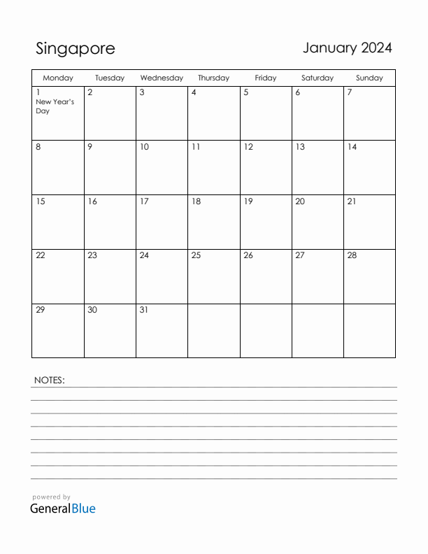 January 2024 Singapore Calendar with Holidays (Monday Start)