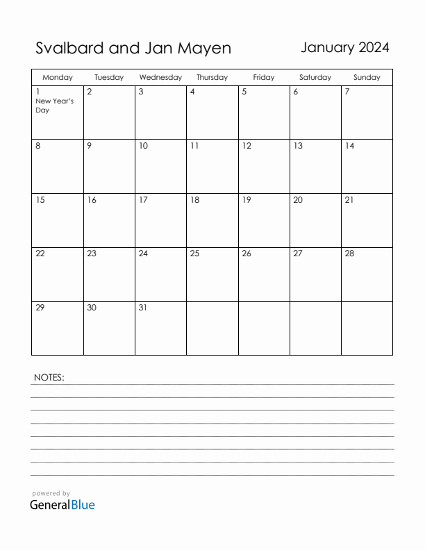 January 2024 Svalbard and Jan Mayen Calendar with Holidays (Monday Start)