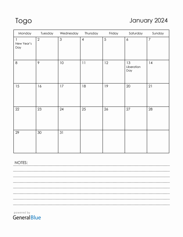 January 2024 Togo Calendar with Holidays (Monday Start)