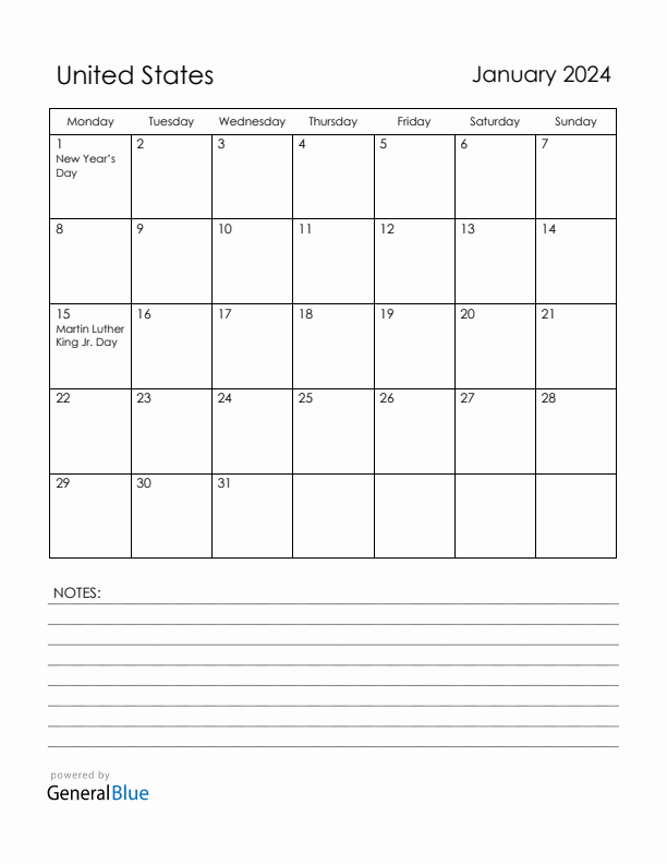 January 2024 United States Calendar with Holidays (Monday Start)