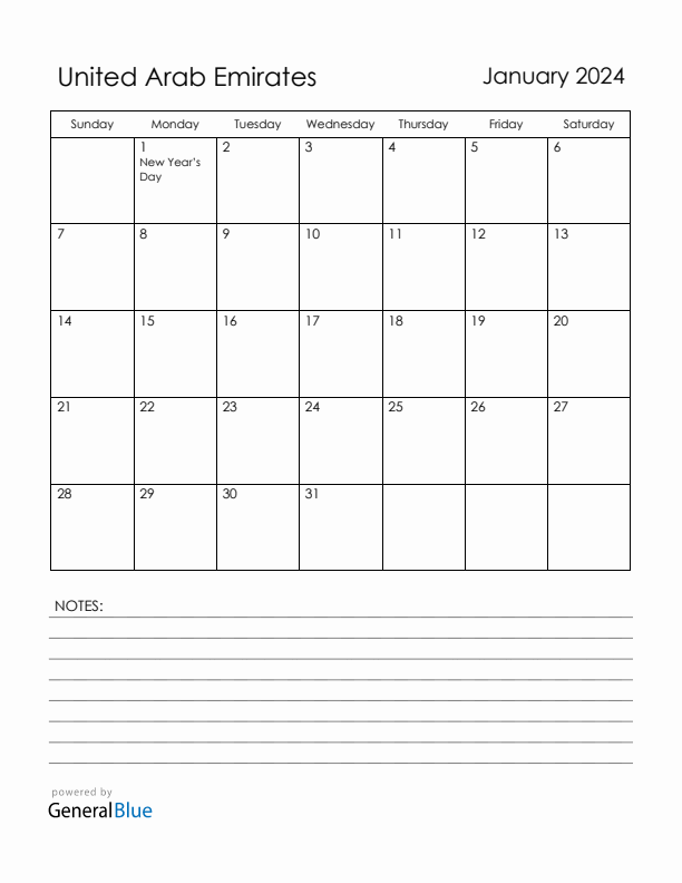 January 2024 United Arab Emirates Calendar with Holidays (Sunday Start)