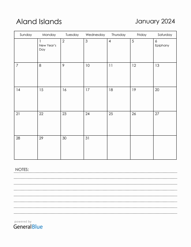 January 2024 Aland Islands Calendar with Holidays (Sunday Start)