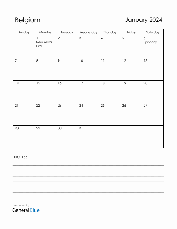 January 2024 Belgium Calendar with Holidays (Sunday Start)