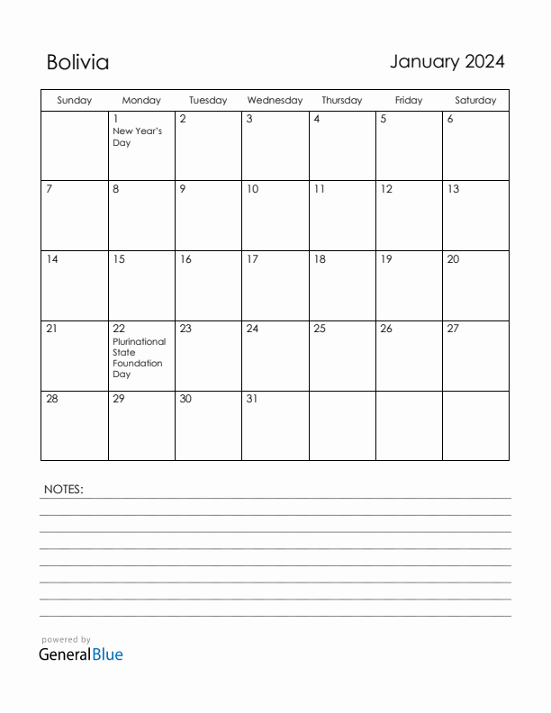 January 2024 Bolivia Calendar with Holidays (Sunday Start)