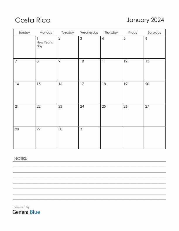 January 2024 Costa Rica Calendar with Holidays (Sunday Start)