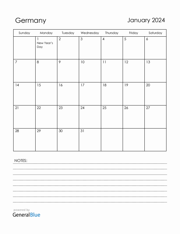 January 2024 Germany Calendar with Holidays (Sunday Start)
