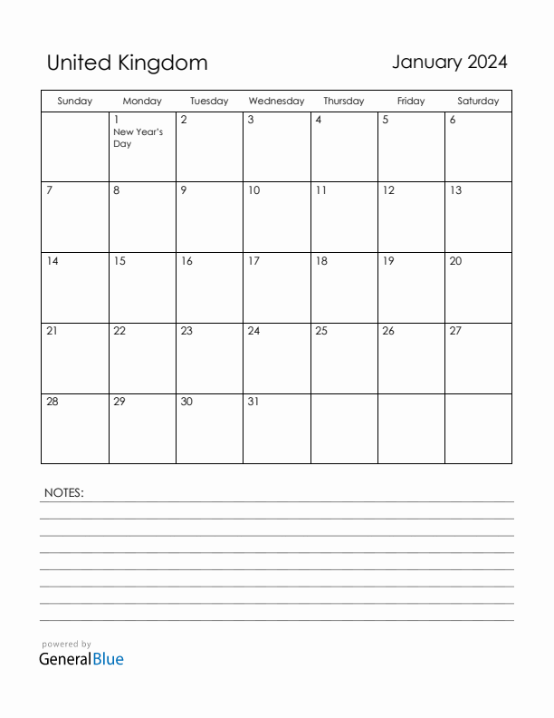 January 2024 United Kingdom Calendar with Holidays (Sunday Start)