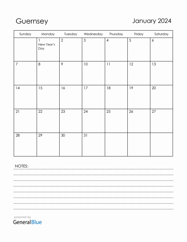 January 2024 Guernsey Calendar with Holidays (Sunday Start)