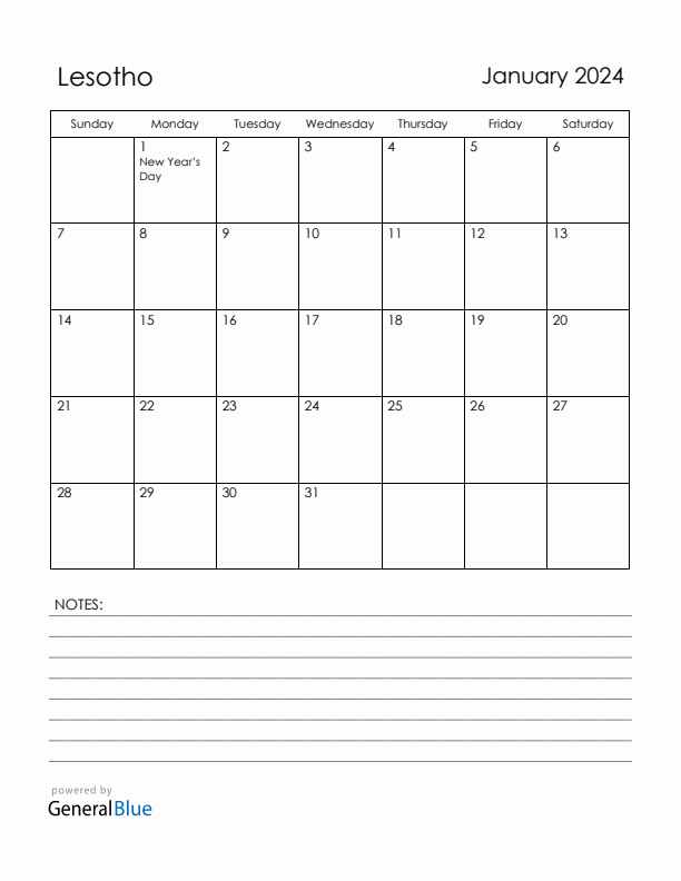 January 2024 Lesotho Calendar with Holidays (Sunday Start)