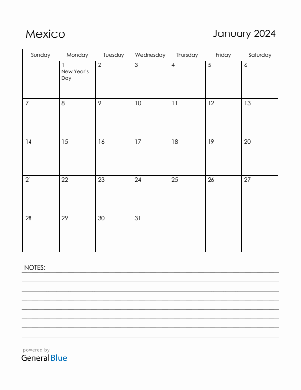 January 2024 Mexico Calendar with Holidays (Sunday Start)