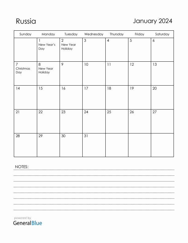 January 2024 Russia Calendar with Holidays (Sunday Start)