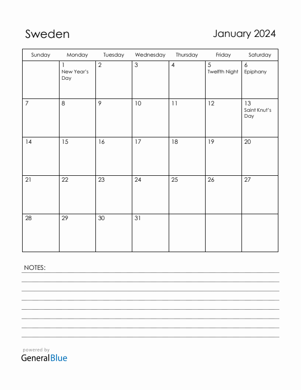 January 2024 Sweden Calendar with Holidays (Sunday Start)