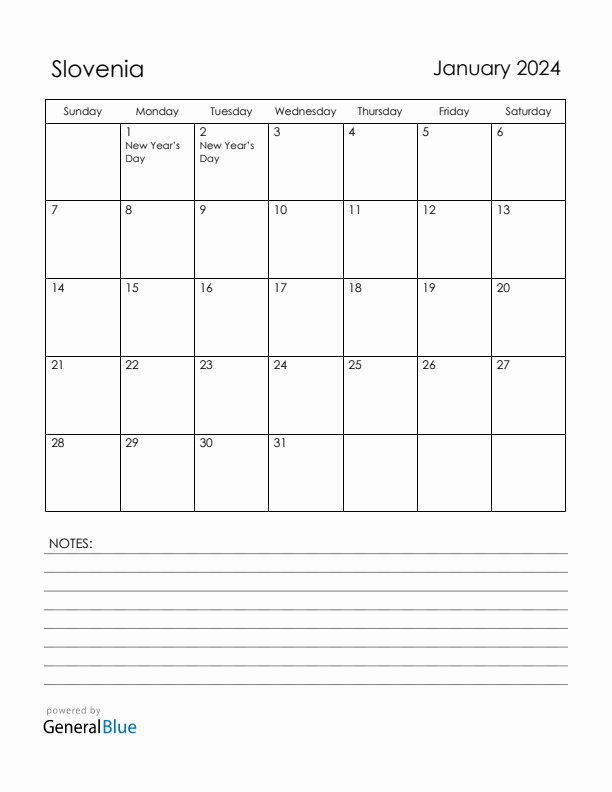 January 2024 Slovenia Calendar with Holidays (Sunday Start)