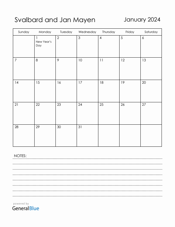 January 2024 Svalbard and Jan Mayen Calendar with Holidays (Sunday Start)