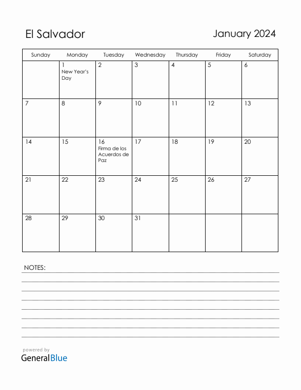 January 2024 El Salvador Calendar with Holidays (Sunday Start)