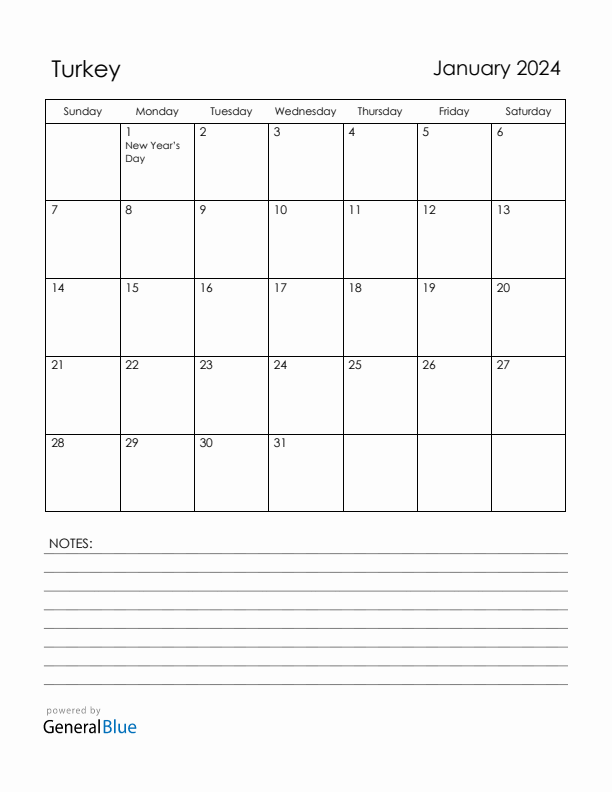 January 2024 Turkey Calendar with Holidays (Sunday Start)