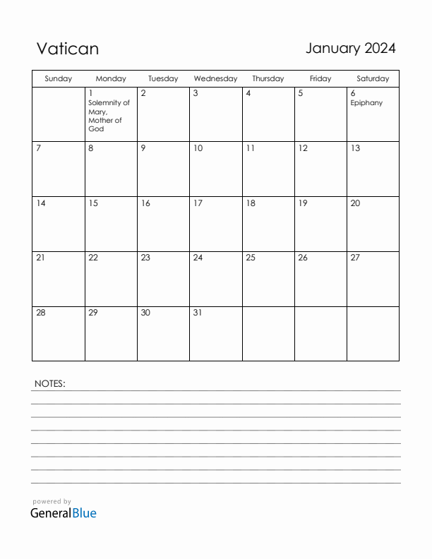 January 2024 Vatican Calendar with Holidays (Sunday Start)