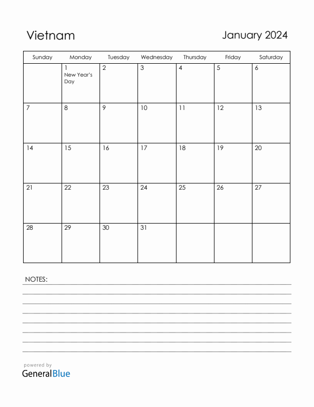 January 2024 Vietnam Calendar with Holidays (Sunday Start)