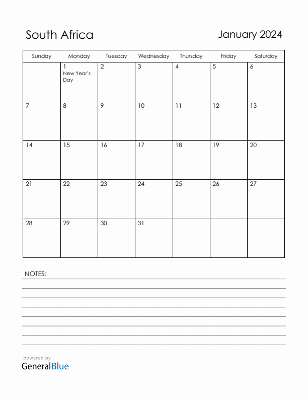 January 2024 South Africa Calendar with Holidays (Sunday Start)