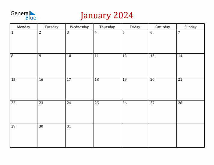 Blank January 2024 Calendar with Monday Start