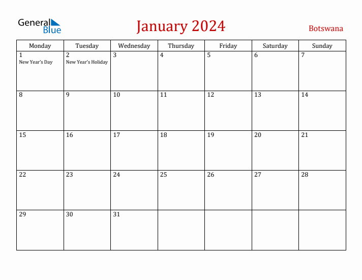 Botswana January 2024 Calendar - Monday Start