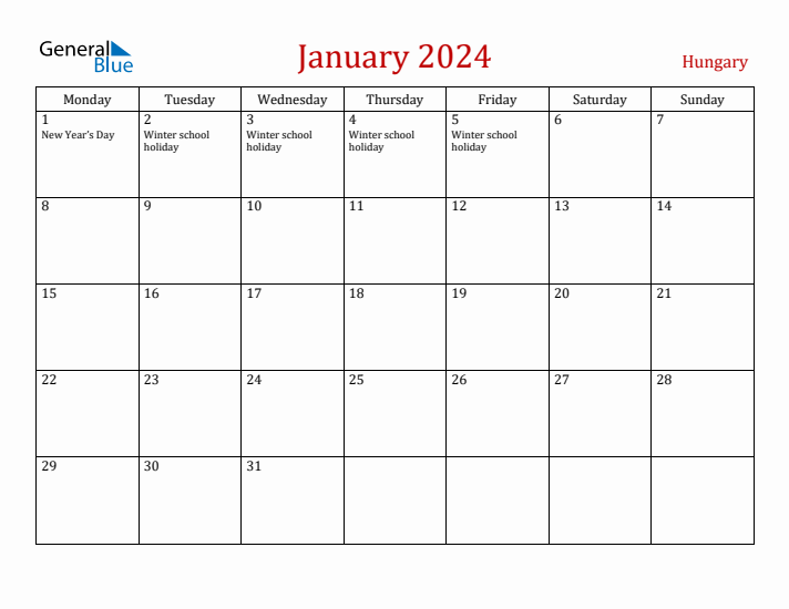 Hungary January 2024 Calendar - Monday Start