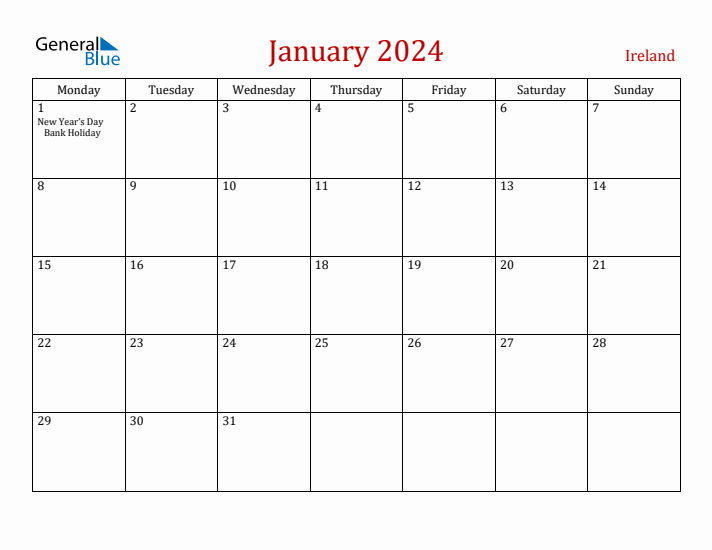 Ireland January 2024 Calendar - Monday Start